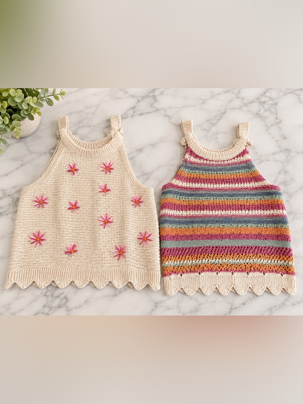 Old Navy Kids Crochet Tank Tops — Cream with Pink & Multi-Color Stripes